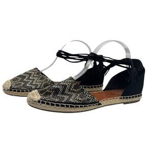 Indigo Rd Irola D'Orsay Espadrille Flats Black Gold Woven Ank Tie Tassel Boho 9M